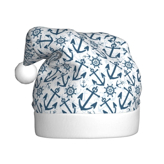 Kowoue Nautical Theme Anchors Pattern Santa Hat Christmas Hats for Adults, Holiday Unisex Velvet Comfort Xmas Hat for Women Men