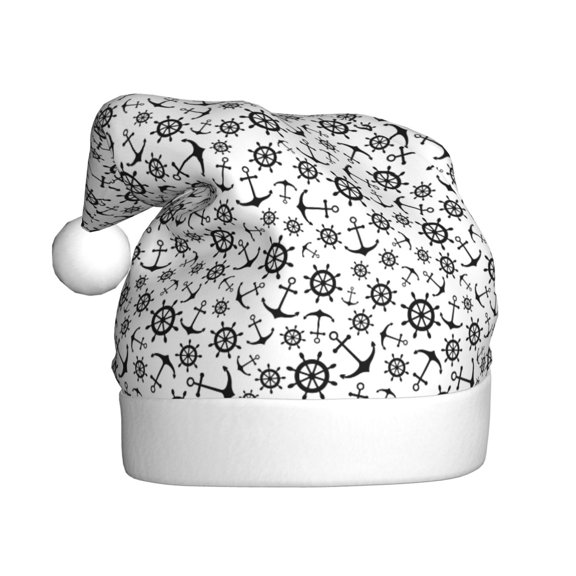 Kowoue Nautical Themed Simple Anchors Pattern Santa Hat Christmas Hats for Adults, Holiday Unisex Velvet Comfort Xmas Hat for Women Men