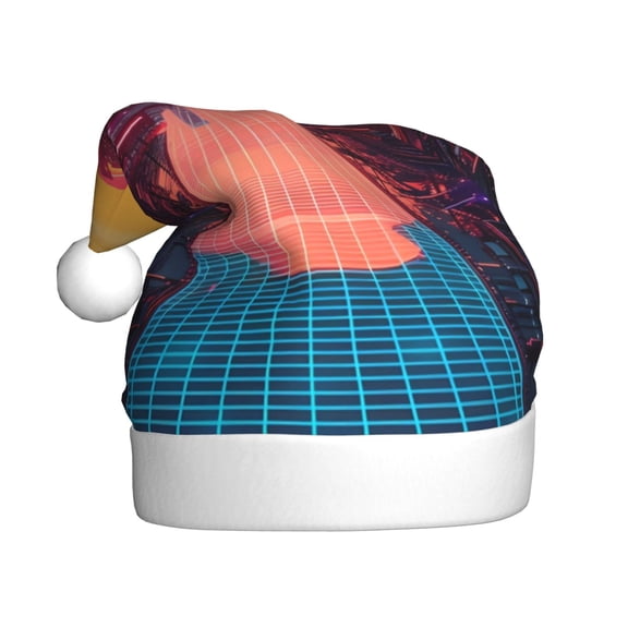 Kowoue Neon Sunset Cyberpunk Cityscape Pattern Santa Hat Christmas Hats for Adults, Holiday Unisex Velvet Comfort Xmas Hat for Women Men