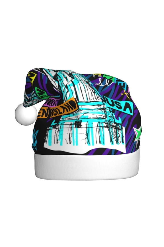 New York City Pattern Santa Hat Christmas Hats for Adults, Holiday Unisex Velvet Comfort Xmas Hat for Women Men