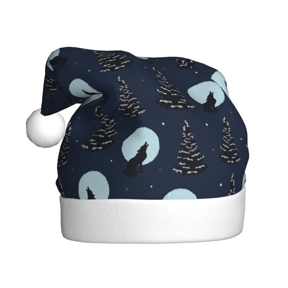 Kowoue Night Forest Wolf Pattern Santa Hat Christmas Hats for Adults, Holiday Unisex Velvet Comfort Xmas Hat for Women Men