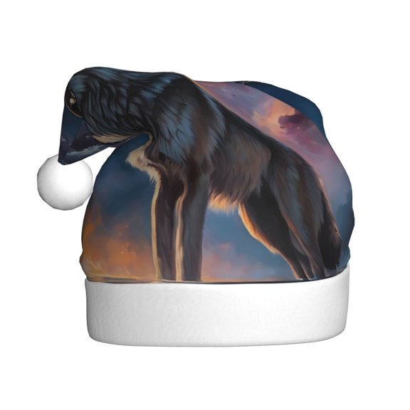Kowoue Night Sky Wolf Pattern Santa Hat Christmas Hats for Adults, Holiday Unisex Velvet Comfort Xmas Hat for Women Men
