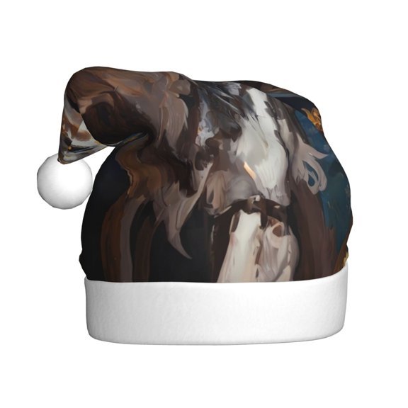 Kowoue Oil Painting Tribal Wolf Pattern Santa Hat Christmas Hats for Adults, Holiday Unisex Velvet Comfort Xmas Hat for Women Men