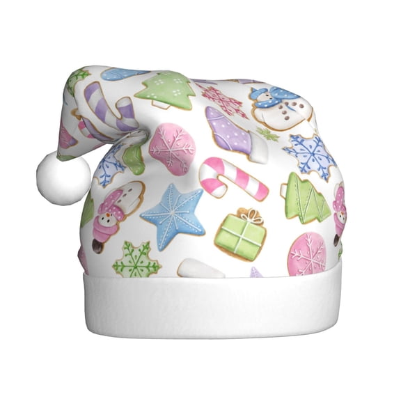 Kowoue Pastel Christmas Cookies Pattern Santa Hat Christmas Hats for Adults, Holiday Unisex Velvet Comfort Xmas Hat for Women Men