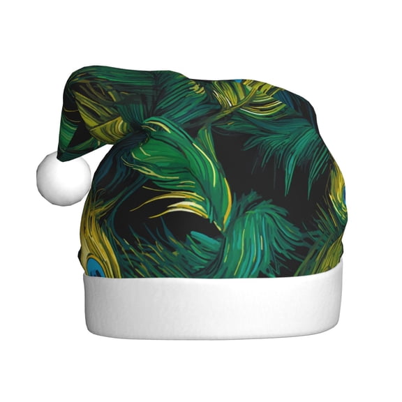 Kowoue Peacock Feathers2 Pattern Santa Hat Christmas Hats for Adults, Holiday Unisex Velvet Comfort Xmas Hat for Women Men