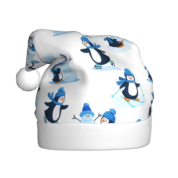 Kowoue Penguin Winter Fun Pattern Santa Hat Christmas Hats for Adults, Holiday Unisex Velvet Comfort Xmas Hat for Women Men
