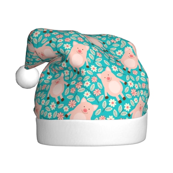 Kowoue Pig And Flower Pattern Santa Hat Christmas Hats for Adults, Holiday Unisex Velvet Comfort Xmas Hat for Women Men