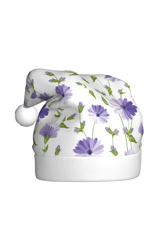 Purple Chicory Pattern Santa Hat Christmas Hats for Adults, Holiday Unisex Velvet Comfort Xmas Hat for Women Men