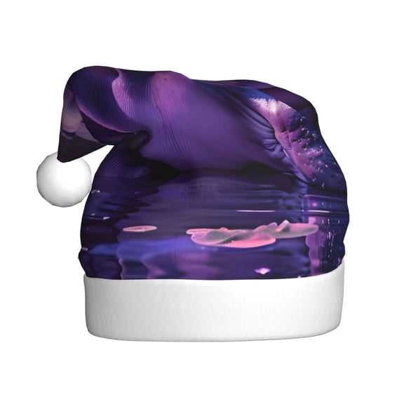 Kowoue Purple Hippo In Water Pattern Santa Hat Christmas Hats for Adults, Holiday Unisex Velvet Comfort Xmas Hat for Women Men