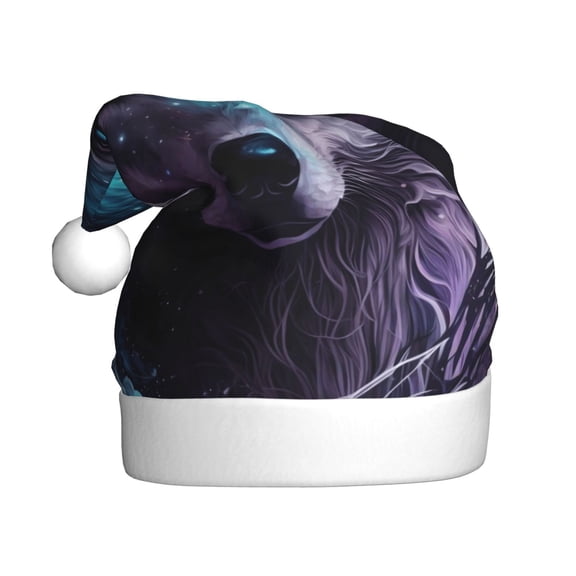Kowoue Purple Sky Wolf Pattern Santa Hat Christmas Hats for Adults, Holiday Unisex Velvet Comfort Xmas Hat for Women Men