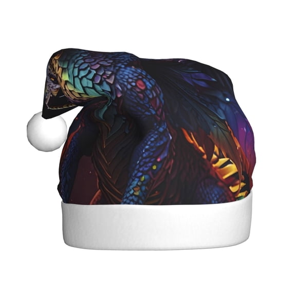 Kowoue Rainbow Wings Majestic Dragon Pattern Santa Hat Christmas Hats for Adults, Holiday Unisex Velvet Comfort Xmas Hat for Women Men
