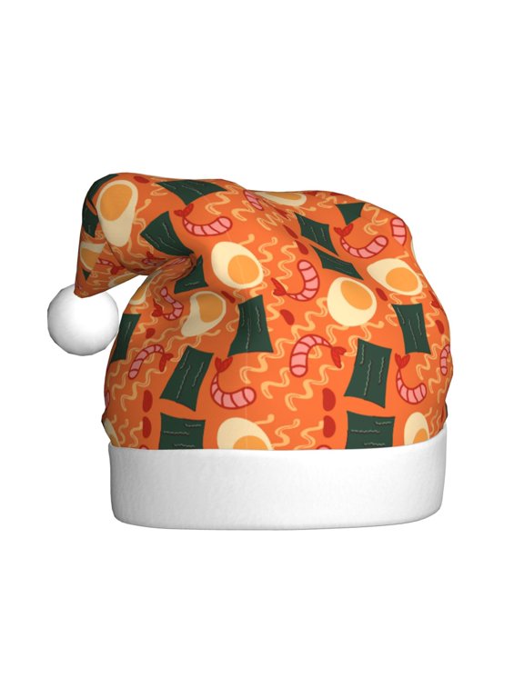 Ramen Noodle Soup Pattern Santa Hat Christmas Hats for Adults, Holiday Unisex Velvet Comfort Xmas Hat for Women Men