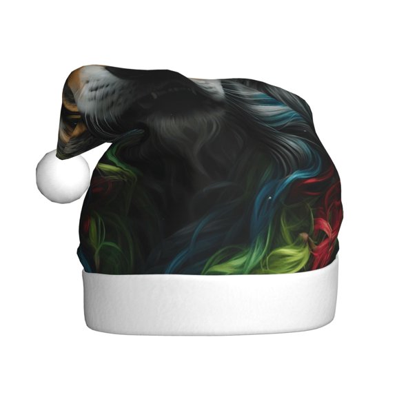 Kowoue Realistic Style Colorful Wolf Pattern Santa Hat Christmas Hats for Adults, Holiday Unisex Velvet Comfort Xmas Hat for Women Men