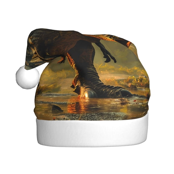 Kowoue Realistic Style Forest Dinosaur Pattern Santa Hat Christmas Hats for Adults, Holiday Unisex Velvet Comfort Xmas Hat for Women Men