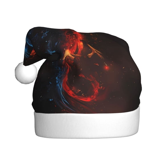 Kowoue Red And Blue Fire Bird Pattern Santa Hat Christmas Hats for Adults, Holiday Unisex Velvet Comfort Xmas Hat for Women Men