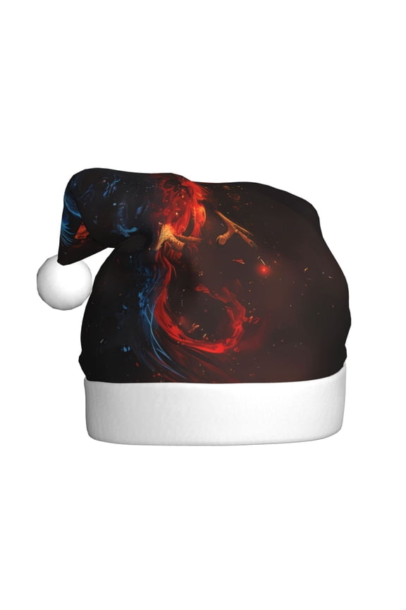 Red And Blue Fire Bird Pattern Santa Hat Christmas Hats for Adults, Holiday Unisex Velvet Comfort Xmas Hat for Women Men