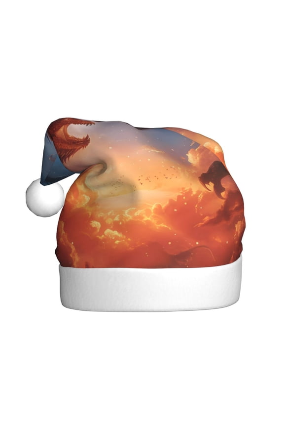 Red And Blue Fire Cloud Dragon Pattern Santa Hat Christmas Hats for Adults, Holiday Unisex Velvet Comfort Xmas Hat for Women Men