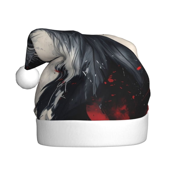 Kowoue Red Black Ink Style Bald Eagle Pattern Santa Hat Christmas Hats for Adults, Holiday Unisex Velvet Comfort Xmas Hat for Women Men