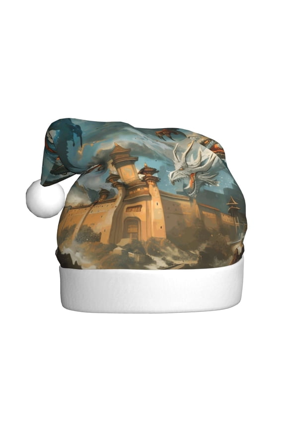 Red Blue Dragon Battle Epic Pattern Santa Hat Christmas Hats for Adults, Holiday Unisex Velvet Comfort Xmas Hat for Women Men