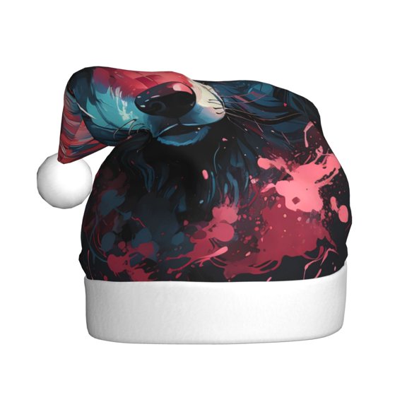 Kowoue Red Flame Wolf Head Pattern Santa Hat Christmas Hats for Adults, Holiday Unisex Velvet Comfort Xmas Hat for Women Men