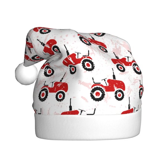 Kowoue Red Wheeled Tractors Pattern Santa Hat Christmas Hats for Adults, Holiday Unisex Velvet Comfort Xmas Hat for Women Men