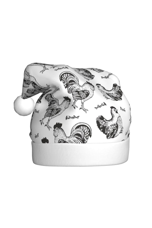 Retro Rooster Pattern Santa Hat Christmas Hats for Adults, Holiday Unisex Velvet Comfort Xmas Hat for Women Men