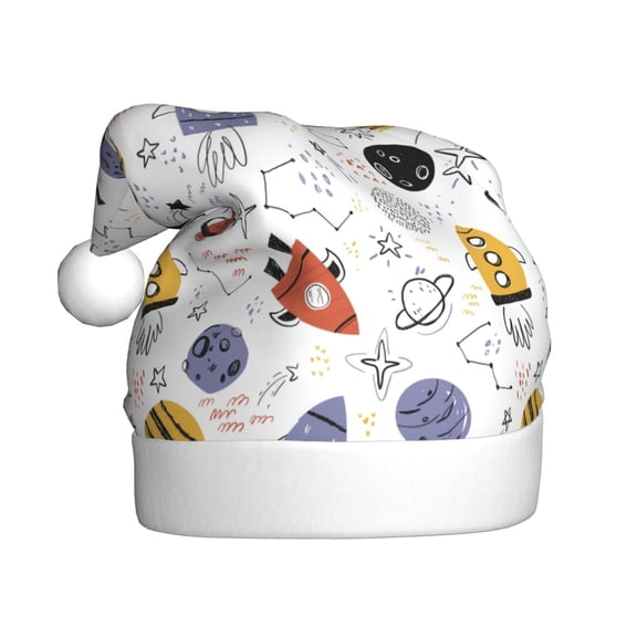 Kowoue Rocket Planets Pattern Santa Hat Christmas Hats for Adults, Holiday Unisex Velvet Comfort Xmas Hat for Women Men