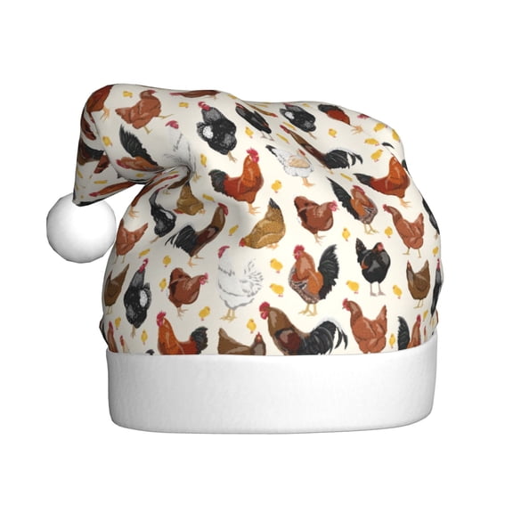 Kowoue Roosters and Chickens Pattern Santa Hat Christmas Hats for Adults, Holiday Unisex Velvet Comfort Xmas Hat for Women Men