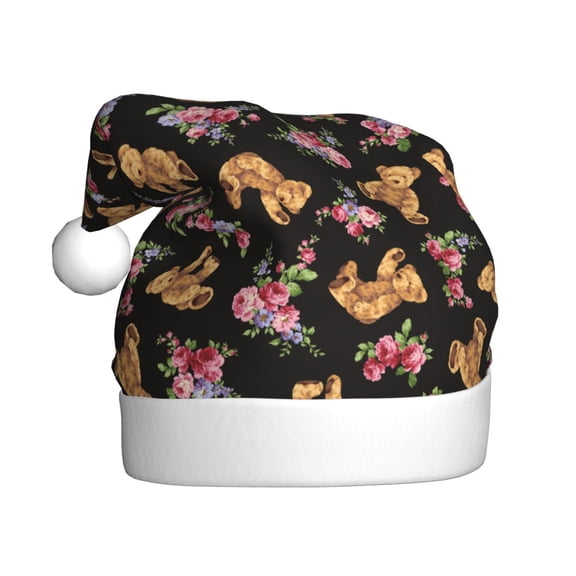 Kowoue Rose Flower Bear Pattern Santa Hat Christmas Hats for Adults, Holiday Unisex Velvet Comfort Xmas Hat for Women Men
