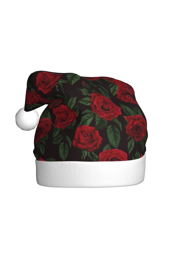 Rose Pattern Santa Hat Christmas Hats for Adults, Holiday Unisex Velvet Comfort Xmas Hat for Women Men