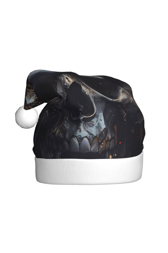 Royal Skull With Golden Crown Pattern Santa Hat Christmas Hats for Adults, Holiday Unisex Velvet Comfort Xmas Hat for Women Men