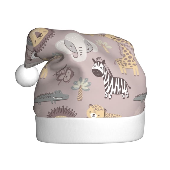 Kowoue Safari Animals Pattern Santa Hat Christmas Hats for Adults, Holiday Unisex Velvet Comfort Xmas Hat for Women Men