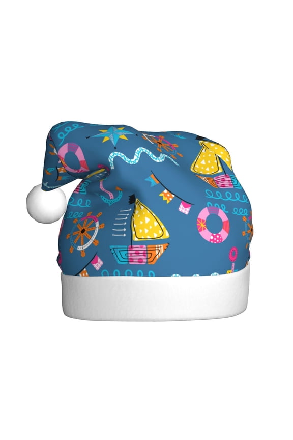 Sailboat With Sailing Pattern Santa Hat Christmas Hats for Adults, Holiday Unisex Velvet Comfort Xmas Hat for Women Men