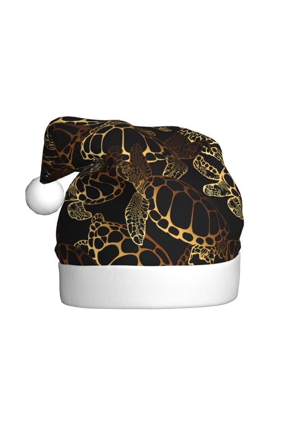Sea Turtle With Ocean Pattern Santa Hat Christmas Hats for Adults, Holiday Unisex Velvet Comfort Xmas Hat for Women Men