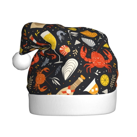 Kowoue Seafood And Drinks Pattern Santa Hat Christmas Hats for Adults, Holiday Unisex Velvet Comfort Xmas Hat for Women Men