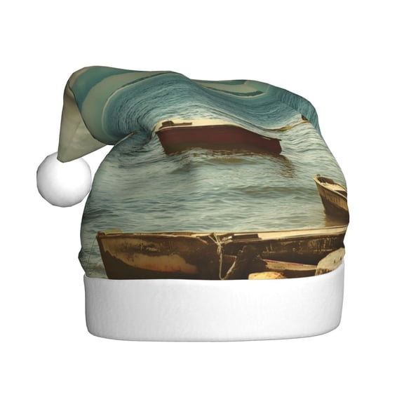 Kowoue Serene Coastal Blue Sky Pattern Santa Hat Christmas Hats for Adults, Holiday Unisex Velvet Comfort Xmas Hat for Women Men