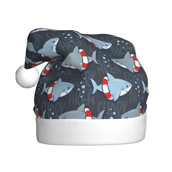 Kowoue Shark Wearing Swim Ring Pattern Santa Hat Christmas Hats for Adults, Holiday Unisex Velvet Comfort Xmas Hat for Women Men