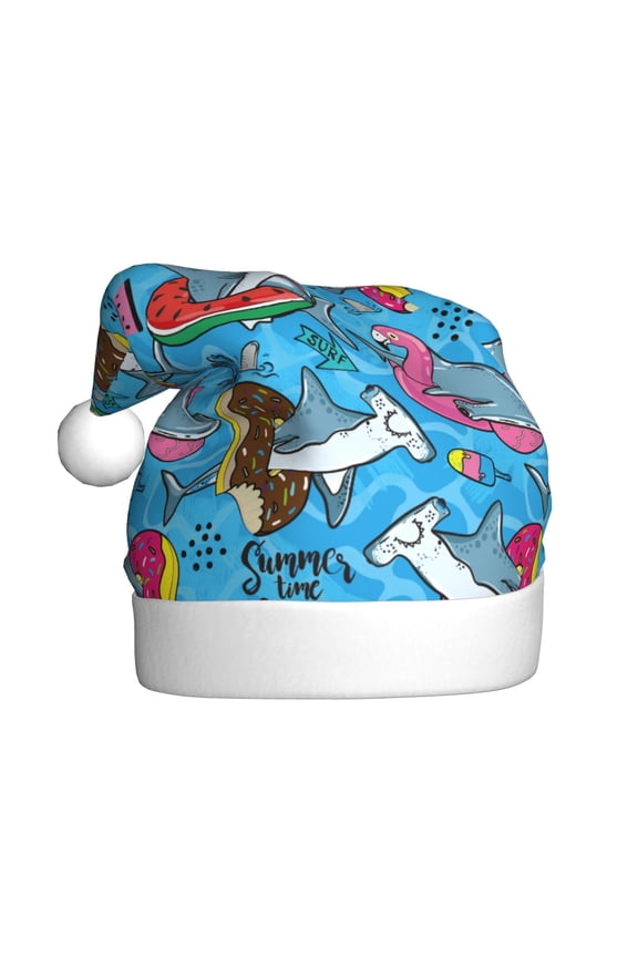 Sharks Summer Pattern Santa Hat Christmas Hats for Adults, Holiday Unisex Velvet Comfort Xmas Hat for Women Men