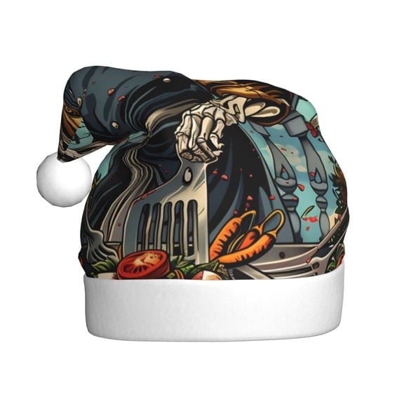 Kowoue Skeleton Chef BBQ Scene Pattern Santa Hat Christmas Hats for Adults, Holiday Unisex Velvet Comfort Xmas Hat for Women Men