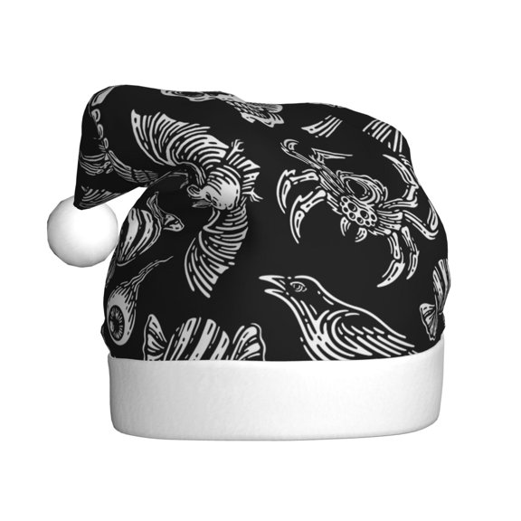 Kowoue Skull bird bat spider Pattern Santa Hat Christmas Hats for Adults, Holiday Unisex Velvet Comfort Xmas Hat for Women Men