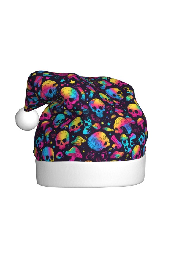Skull rainbow color mushroom Pattern Santa Hat Christmas Hats for Adults, Holiday Unisex Velvet Comfort Xmas Hat for Women Men