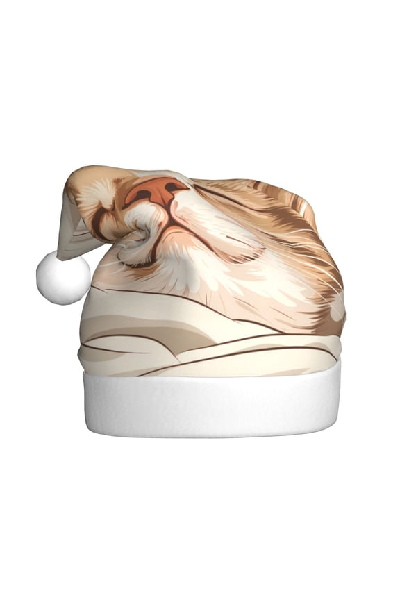 Sleeping Cat In Blanket Pattern Santa Hat Christmas Hats for Adults, Holiday Unisex Velvet Comfort Xmas Hat for Women Men