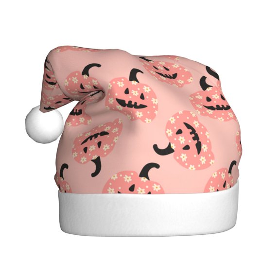 Kowoue Smiling Pink Pumpkins Pattern Santa Hat Christmas Hats for Adults, Holiday Unisex Velvet Comfort Xmas Hat for Women Men