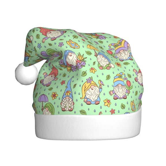Kowoue Spring Gnomes Pattern Santa Hat Christmas Hats for Adults, Holiday Unisex Velvet Comfort Xmas Hat for Women Men