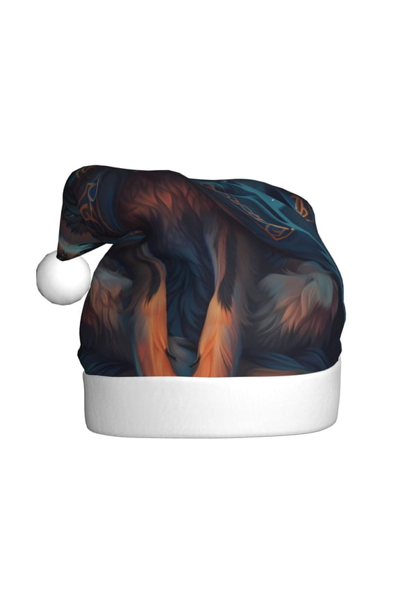 Starry Sky Moon Wolf Leader Pattern Santa Hat Christmas Hats for Adults, Holiday Unisex Velvet Comfort Xmas Hat for Women Men