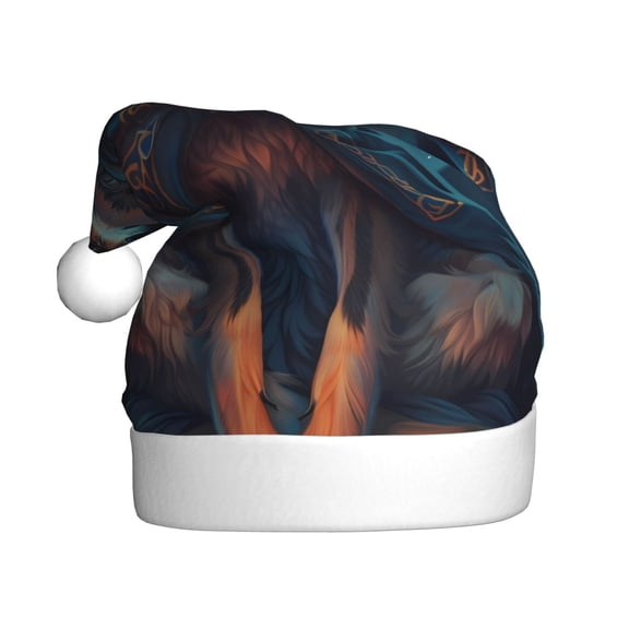 Kowoue Starry Sky Moon Wolf Leader Pattern Santa Hat Christmas Hats for Adults, Holiday Unisex Velvet Comfort Xmas Hat for Women Men