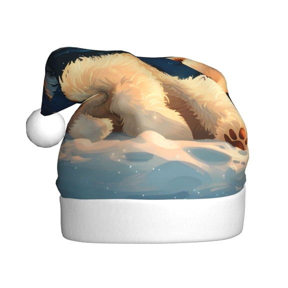 Kowoue Starry Sky Sleep White Bear Pattern Santa Hat Christmas Hats for Adults, Holiday Unisex Velvet Comfort Xmas Hat for Women Men