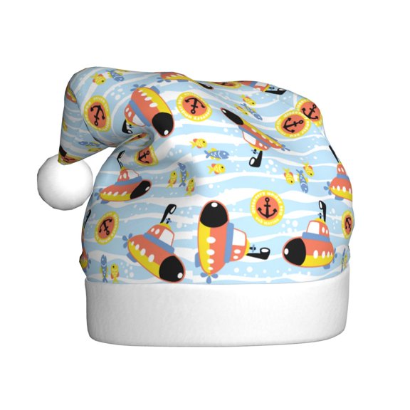Kowoue Submarine With Fishes Undersea Pattern Santa Hat Christmas Hats for Adults, Holiday Unisex Velvet Comfort Xmas Hat for Women Men