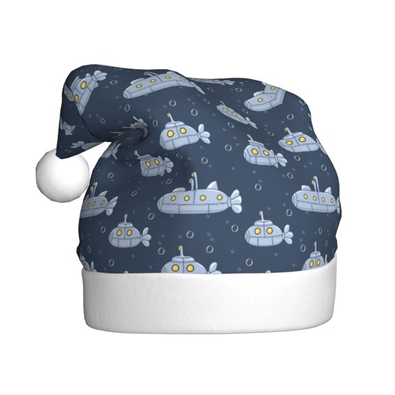 Kowoue Submarine With Periscope Pattern Santa Hat Christmas Hats for Adults, Holiday Unisex Velvet Comfort Xmas Hat for Women Men