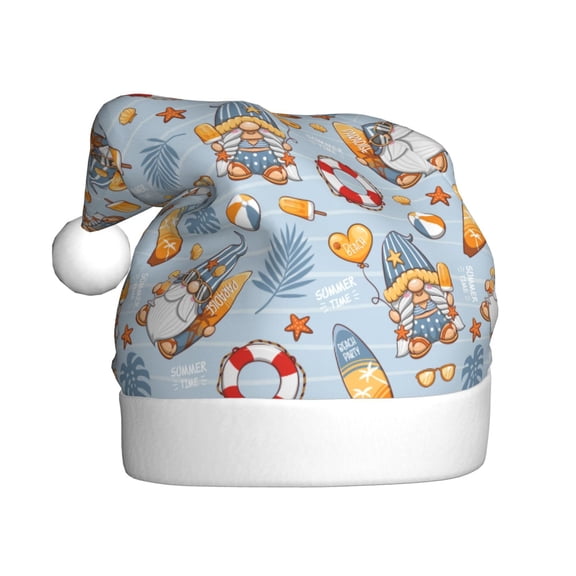 Kowoue Summer Time With Gnome Pattern Santa Hat Christmas Hats for Adults, Holiday Unisex Velvet Comfort Xmas Hat for Women Men